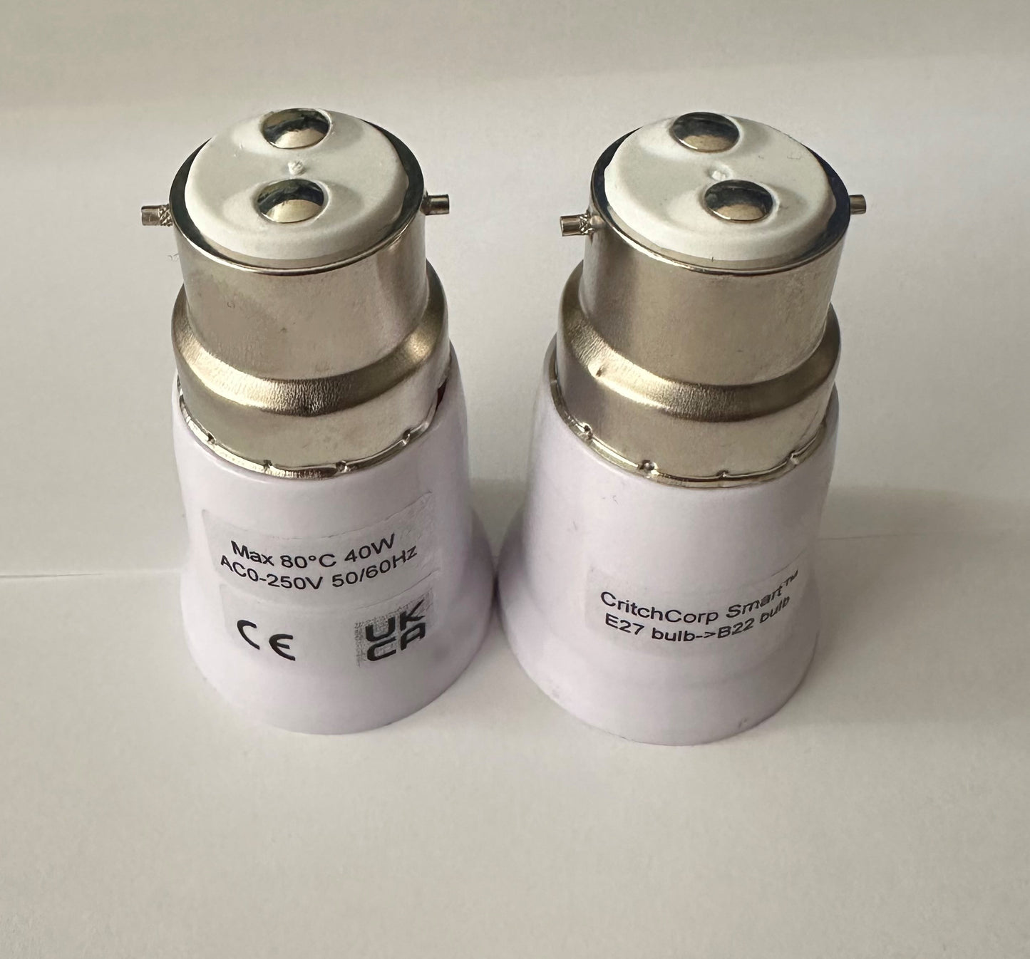 CritchCorp Smart V1 E27 bulb converter to B22. CE, UKCA, Max 40W 80°C 250V - CritchCorp Retail & Wholesale