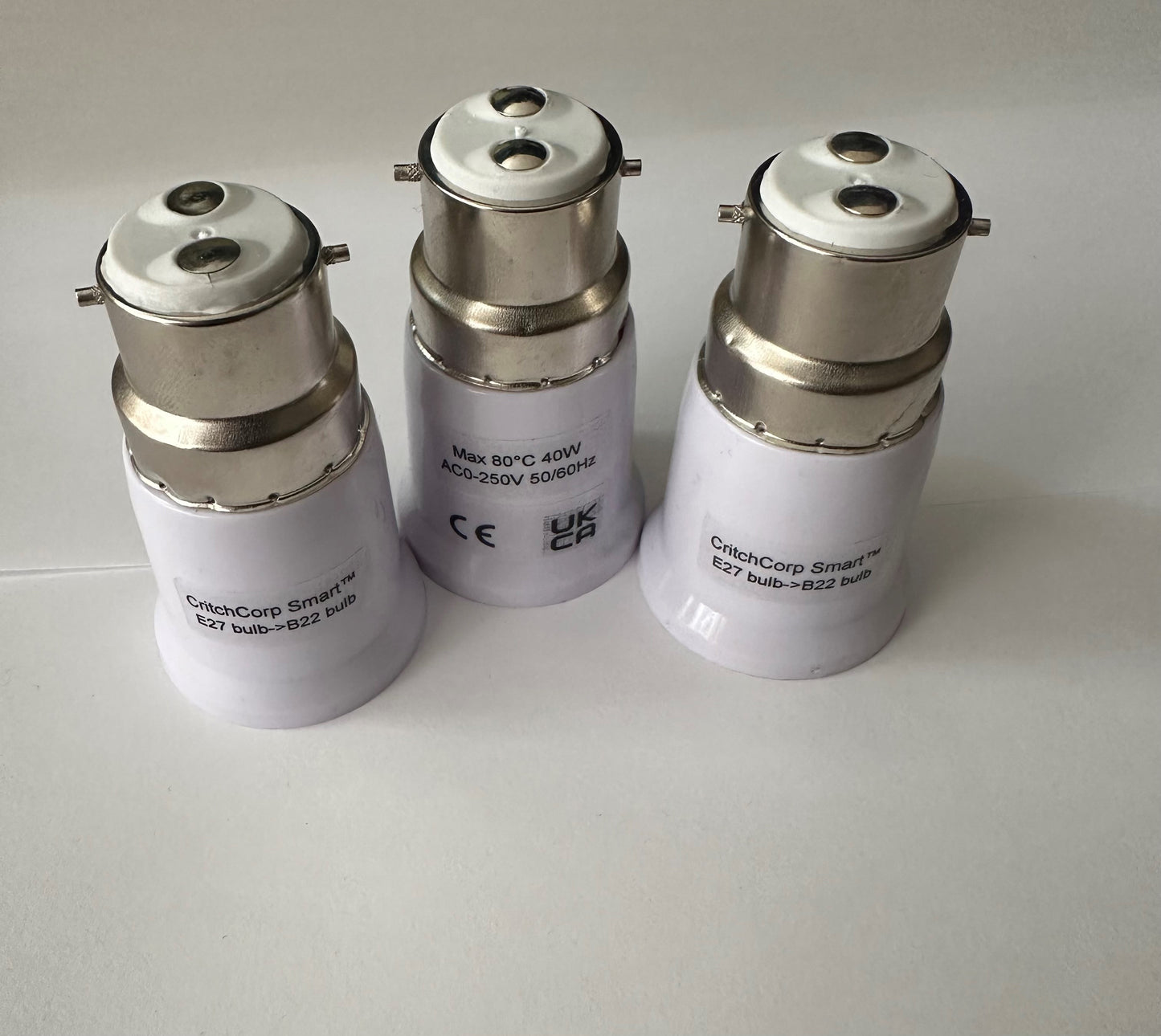 CritchCorp Smart V1 E27 bulb converter to B22. CE, UKCA, Max 40W 80°C 250V - CritchCorp Retail & Wholesale