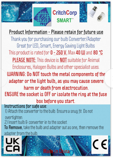 CritchCorp Smart™ B22 bulb Converter/Adapter to E27-Use your B22 bulb in an E27 socket - CritchCorp Retail & Wholesale
