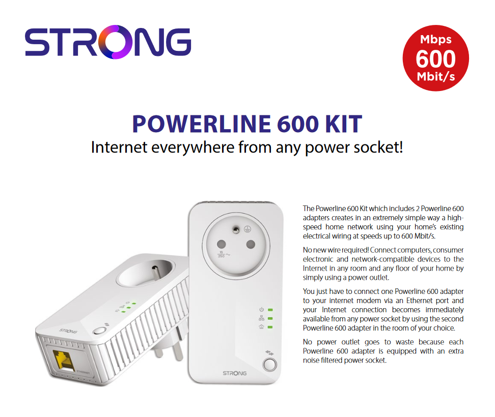 Strong - Kit of 2 - Powerline 600 DUO UK v2 with passthrough socket; Internet from any power socket! - CritchCorp Retail & Wholesale