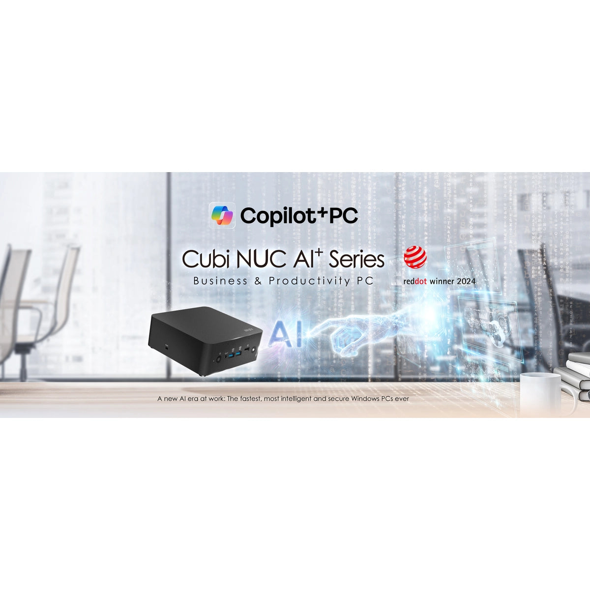 Advertisement for Copilot+PC Cubi NUC AI+ Series with a small black device on a desk.