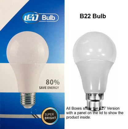 LED Light Bulb, front cover of box and B22 Bulb