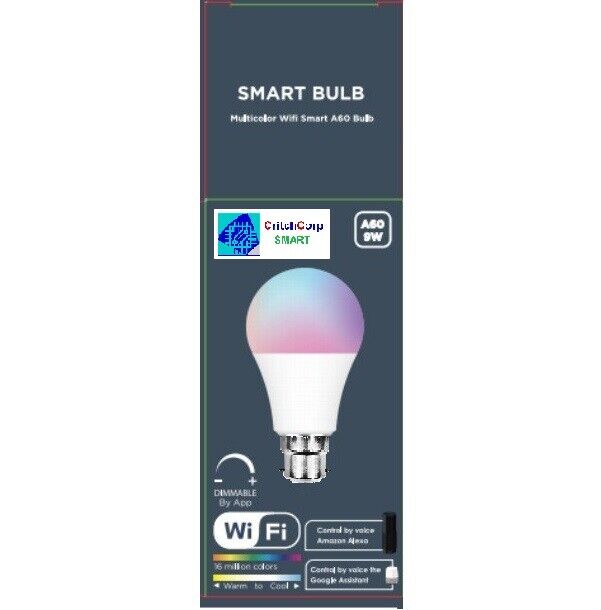 B22 WiFi Smart Dimmable Lightbulb RGBCDW works with Alexa/Google/Smart Life/Tuya
